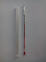 Teploměr laboratorní pro všeobecné účely, pr. 8 mm, papírová stupnice, -10 až +50°C, dělení 1°C, délka 210 mm, náplň: červený petrolej