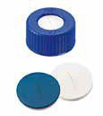 Uzávěr šroubovací PP s otvorem,ND9, modrý, septum silikon bílý/PTFE modrý, nářez, 55°,  šířka 1,0mm, bal.100ks