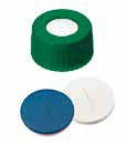 Uzávěr šroubovací PP s otvorem,ND9, zelený, septum silikon bílý/PTFE modrý, nářez, 55°,  šířka 1,0mm, bal.100ks