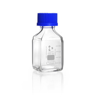 Láhev reagenční hranatá, čirá, GL 32, se šroubovacím uzávěrem a vylévacím kroužkem (PP), 100 ml, DWK