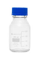Láhev laboratorní, skleněná, čirá, 250 ml, GL45, s modrým PP šroubovacím uzávěrem a nalévacím kroužkem, dle ISO 4796-1, (bal. 10 ks), LABSOLUTE®