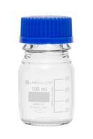 Láhev laboratorní, skleněná, čirá, 100 ml, GL45, s modrým PP šroubovacím uzávěrem a nalévacím kroužkem, dle ISO 4796-1, (bal. 10 ks), LABSOLUTE®