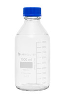 Láhev laboratorní, skleněná, čirá, 1000 ml, GL45, s modrým PP šroubovacím uzávěrem a nalévacím kroužkem, dle ISO 4796-1, (bal. 10 ks), LABSOLUTE®