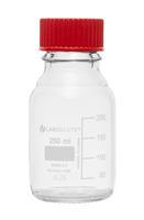 Láhev laboratorní, skleněná, čirá, 100 ml, GL45, s červeným PBT šroubovacím uzávěrem a nalévacím kroužkem, těsnění potažené PTFE, dle ISO 4796-1, (bal. 10 ks), LABSOLUTE®