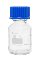 Láhev laboratorní, skleněná, čirá, 50 ml, GL32, s modrým PP šroubovacím uzávěrem a nalévacím kroužkem, dle ISO 4796-1, (bal. 10 ks), LABSOLUTE®