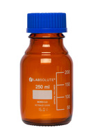 Láhev laboratorní, skleněná, tmavá, 100 ml, GL45, s modrým PP šroubovacím uzávěrem a nalévacím kroužkem, dle ISO 4796-1, (bal. 10 ks), LABSOLUTE®
