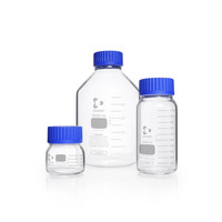 wide neck bottle, clear, GLS 80, blue screw cap with pouring ring (PP), 20000 ml, DWK