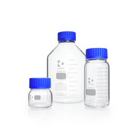 Fľaša širokohrdlá, číra, GLS 80, modrý skrutkovací uzáver s vylievacím krúžkom, 50000 ml, DWK