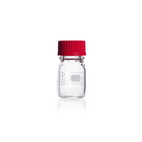 Reagent bottle, round, clear, GL 45, red screw cap (PBT) with pouring ring (ETFE), 100 ml, DWK