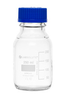 Láhev laboratorní, skleněná s PUR povlakem, čirá, 250 ml, GL45, s modrým PP šroubovacím uzávěrem a nalévacím kroužkem, (bal. 1 ks), LABSOLUTE®