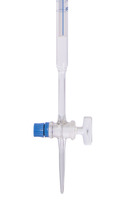 Burette, borosilicate glass 3.3, 10 ml, division 0.02 ml, error limit ± 0.02 ml, straight stopcock with glass plug, calibrated to „Ex“, ring marks at main points, class AS, blue labelling, Schellbach stripe, according to DIN EN ISO 385, pack. of 1, L