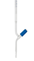 Burette, borosilicate glass 3.3, 10 ml, division 0.02 ml, error limit ± 0.02 ml, straight stopcock with PTFE needle valve, calibrated to „Ex“, ring marks at main points, class AS, blue labelling, Schellbach stripe, according to DIN EN ISO 385, pack. 