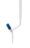 Burette, borosilicate glass 3.3, 10 ml, division 0.02 ml, error limit ± 0.02 ml, lateral stopcock with PTFE needle valve, calibrated to „Ex“, ring marks at main points, class AS, blue labelling, Schellbach stripe, according to DIN EN ISO 385, pack. o