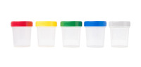 Sample beaker, PP, 120 ml, with blue screw cap mounted, graduated, with title block, non sterile, (pack. of 300 pcs), LABSOLUTE®