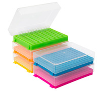 Rack for microtubes (0,2 ml), 96 places, PP, assorted colours (blue, yellow, green, orange, pink), (pack. of 5 pcs), LABSOLUTE®
