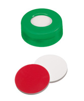 Snap ring cap ND11, PE, hard version, green, 6 mm centre hole, septa silicone white/PTFE red, Ultraclean, 1,3 mm, 45° shore A, (pack. of 1000 pcs), LABSOLUTE®