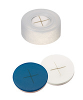 Uzávěr zaklapávací ND11, PE, tvrdý, transparentní, středový otvor 6 mm, septa silikon bílá/PTFE modrá, 1,0 mm, 55°, shore A, křížové drážkování, (bal. 100 ks), LABSOLUTE®