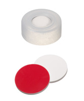 Snap ring cap ND11, PE, hard version, transparent, 6 mm centre hole, septa silicone white/PTFE red, Ultraclean, 1,3 mm, 45° shore A, (pack. of 100 pcs), LABSOLUTE®