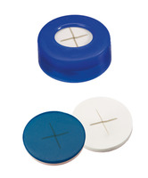 Snap ring cap ND11, PE, hard version, blue, 6 mm centre hole, septa silicone white/PTFE blue, cross-slitted, 1,0 mm, 55° shore A, (pack. of 100 pcs), LABSOLUTE®