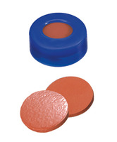Snap ring cap ND11, PE, hard version, blue, 6 mm centre hole, septa natural rubber red- orange/TEF transparent, 1,0 mm, 60° shore A, (pack. of 100 pcs), LABSOLUTE®