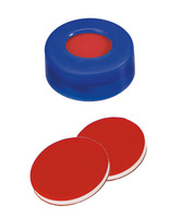 Uzáver zaklapávací ND11, PE, tvrdý, modrý, stredový otvor 6 mm, septa PTFE červená/silikon bielá/PTFE červená, 1,0 mm, 45°, Shore A, (bal. 100 ks), LABSOLUTE®