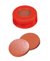Snap ring cap ND11, PE, hard version, red, 6 mm centre hole, septa natural rubber red- orange/TEF transparent, 1,0 mm, 60° shore A, (pack. of 100 pcs), LABSOLUTE®