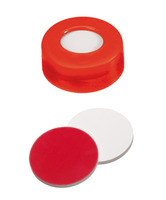 Snap ring cap ND11, PE, hard version, red, 6 mm centre hole, septa silicone white/PTFE red, Ultraclean, 1,3 mm, 45° shore A, (pack. of 100 pcs), LABSOLUTE®