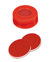 Snap ring cap ND11, PE, hard version, red, 6 mm centre hole, septa PTFE red/silicone white/PTFE red, 1,0 mm, 45° shore A, (pack. of 100 pcs), LABSOLUTE®