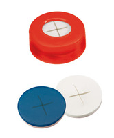 Snap ring cap ND11, PE, hard version, red, 6 mm centre hole, septa silicone white/PTFE blue, cross-slitted, 1,0 mm, 55° shore A, (pack. of 100 pcs), LABSOLUTE®