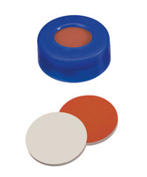 Snap ring cap ND11, PE, soft version, blue, 6 mm centre hole, septa redRubber/PTFE beige, 1,0 mm, 45° shore A, (pack. of 100 pcs), LABSOLUTE®