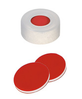 Snap ring cap ND11, PE, soft version, transparent, 6 mm centre hole, septa PTFE red/silicone white/PTFE red, 1,0 mm, 45° shore A, (pack. of 100 pcs), LABSOLUTE®
