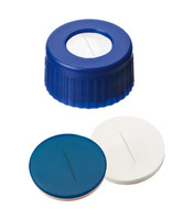 Short thread screw cap ND9, PP, blue, 6 mm centre hole, septa silicone white/PTFE blue, 1,0 mm, 55° shore A, slitted, (pack. of 100 pcs), LABSOLUTE®