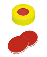 Snap ring cap ND11, PE, hard version, yellow, 6 mm centre hole, septa PTFE red/silicone white/PTFE red, 1,0 mm, 45° shore A, (pack. of 100 pcs), LABSOLUTE®
