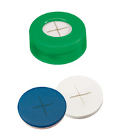 Snap ring cap ND11, PE, hard version, green, 6 mm centre hole, septa silicone white/PTFE blue, cross-slitted, 1,0 mm, 55° shore A, (pack. of 100 pcs), LABSOLUTE®
