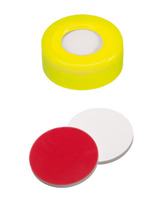 Snap ring cap ND11, PE, hard version, yellow, 6 mm centre hole, septa silicone white/PTFE red, Ultraclean, 1,3 mm, 45° shore A, (pack. of 100 pcs), LABSOLUTE®