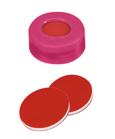 Snap ring cap ND11, PE, soft version, pink, 6 mm centre hole, septa PTFE red/silicone white/PTFE red, 1,0 mm, 45° shore A, (pack. of 100 pcs), LABSOLUTE®