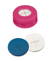 Snap ring cap ND11, PE, soft version, pink, 6 mm centre hole, septa silicone white/PTFE blue, cross-slitted, 1,0 mm, 55° shore A, (pack. of 100 pcs), LABSOLUTE®