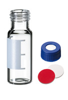 2in1 kit: Short thread vial ND9, clear glass, 1. hydrolytic class, 1,5 ml, 32 x 11,6 mm, with short thread cap ND9, PP, blue, 6 mm centre hole, septa PTFE red/silicone white/PTFE red, 1,0 mm, 45° shore A, (pack. of 100 pcs), LABSOLUTE®