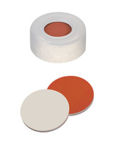 Snap ring cap ND11, PE, soft version, transparent, 6 mm centre hole, septa redRubber/PTFE beige, 1,0 mm, 45° shore A, (pack. of 100 pcs), LABSOLUTE®