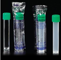 Fľaštička na odber vzoriek, 12 ml, PS, zelený uzáver, jednotlivo balená, sterilná, (1 ks)